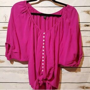 Pink tie front blouse with puff sleeves m
